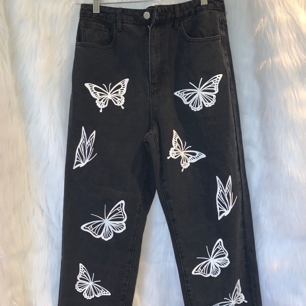 Black butterfly mom jeans